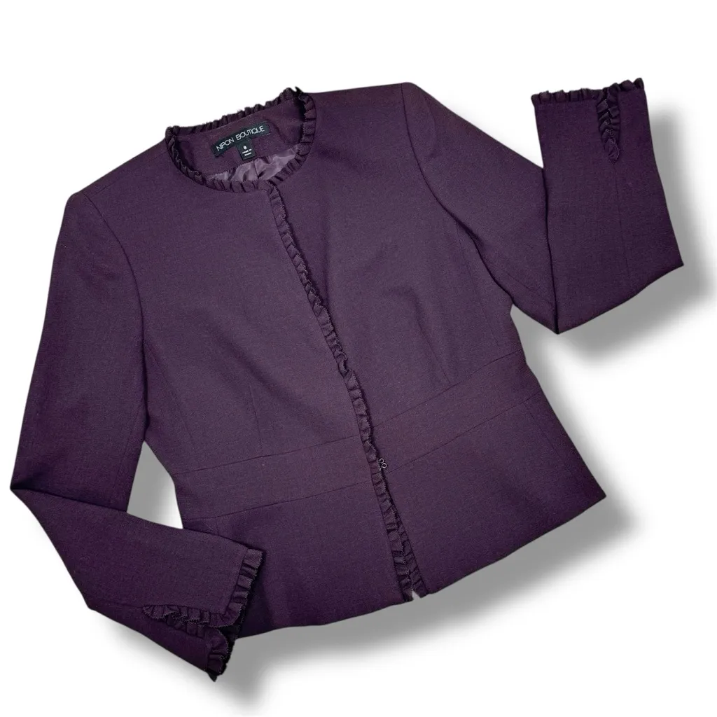 Nipon Boutique Ruffle Trim Wool Blazer Jacket Plum Purple Size 8 - Image 12
