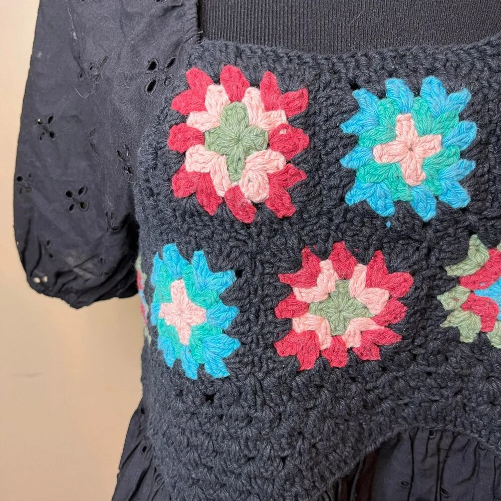 ASOS Design Crochet Puff Sleeve Eyelet Mini Dress Black cottagecore 6 Granny - Image 2