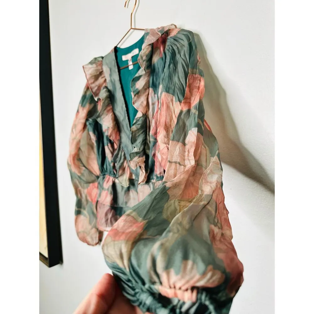 HUTCH Green Floral Chiffon Long Sleeves V-Neck Ruffle Trimmed Sema Top Size S - Image 5