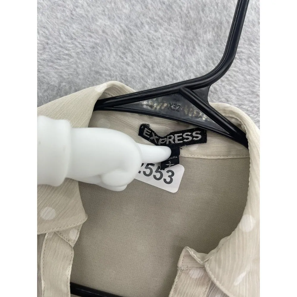 Express Women's button Down Shirt Polka Dot Roll Tab Sleeve Size Small Sheer - Image 8