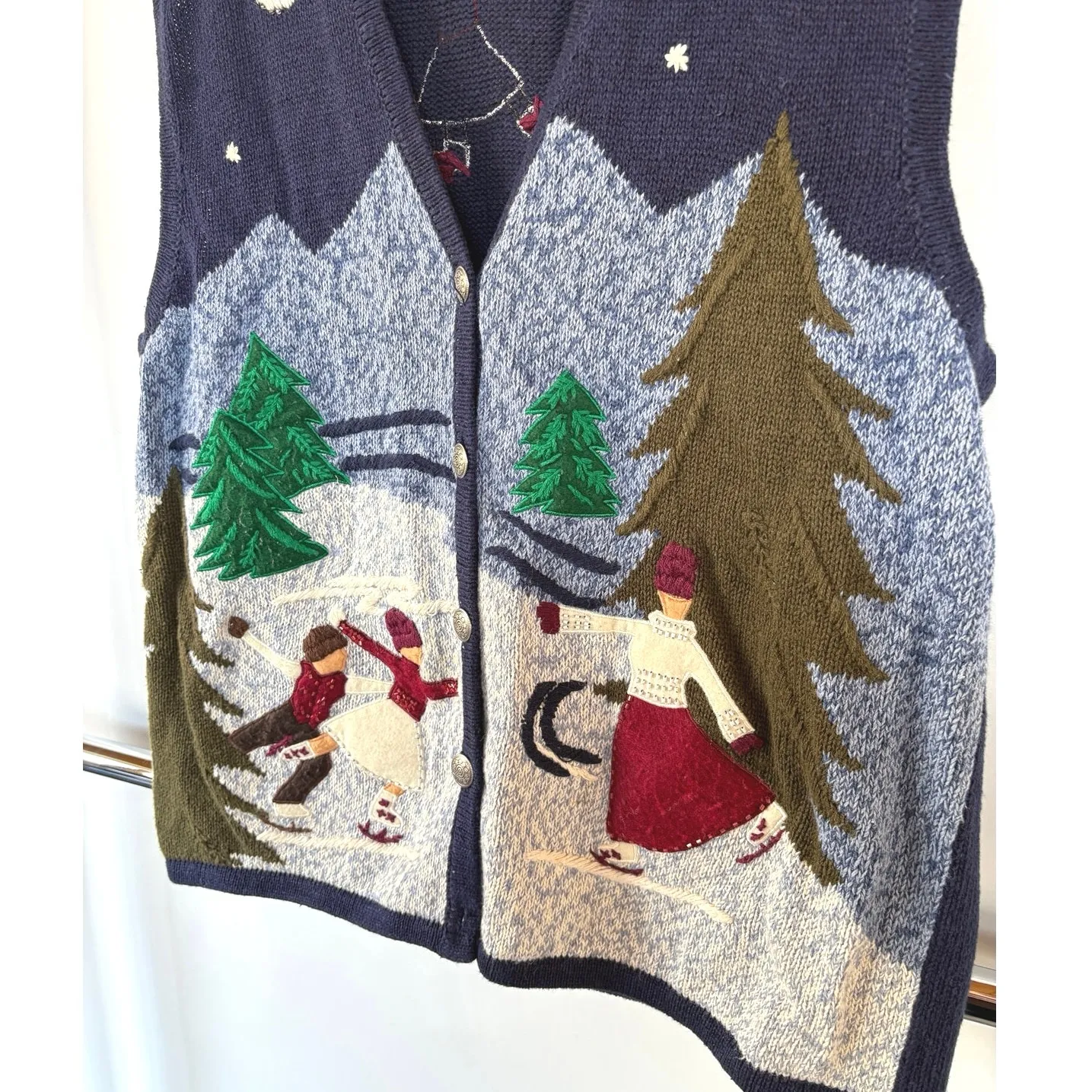 Vintage Grandma Knit Sweater Vest Christmas Ice Skating Cabin Winter Holiday XL Blue - Image 2