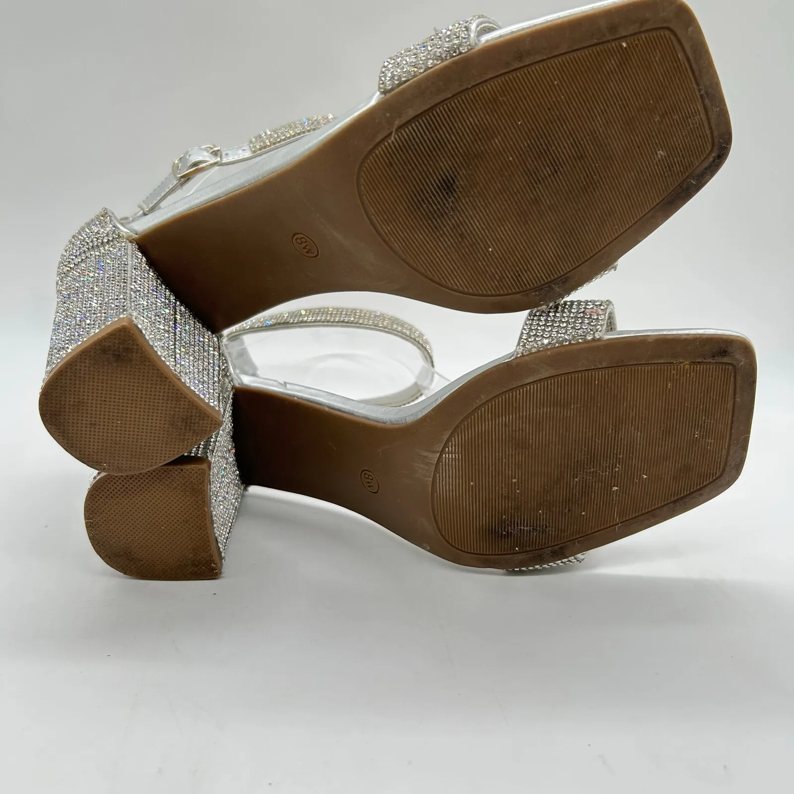 Womens Sandals 8W Wide Silver Rhinestones Open Toe Block Heel C Comfort‎ Brand Size 8 - Image 7