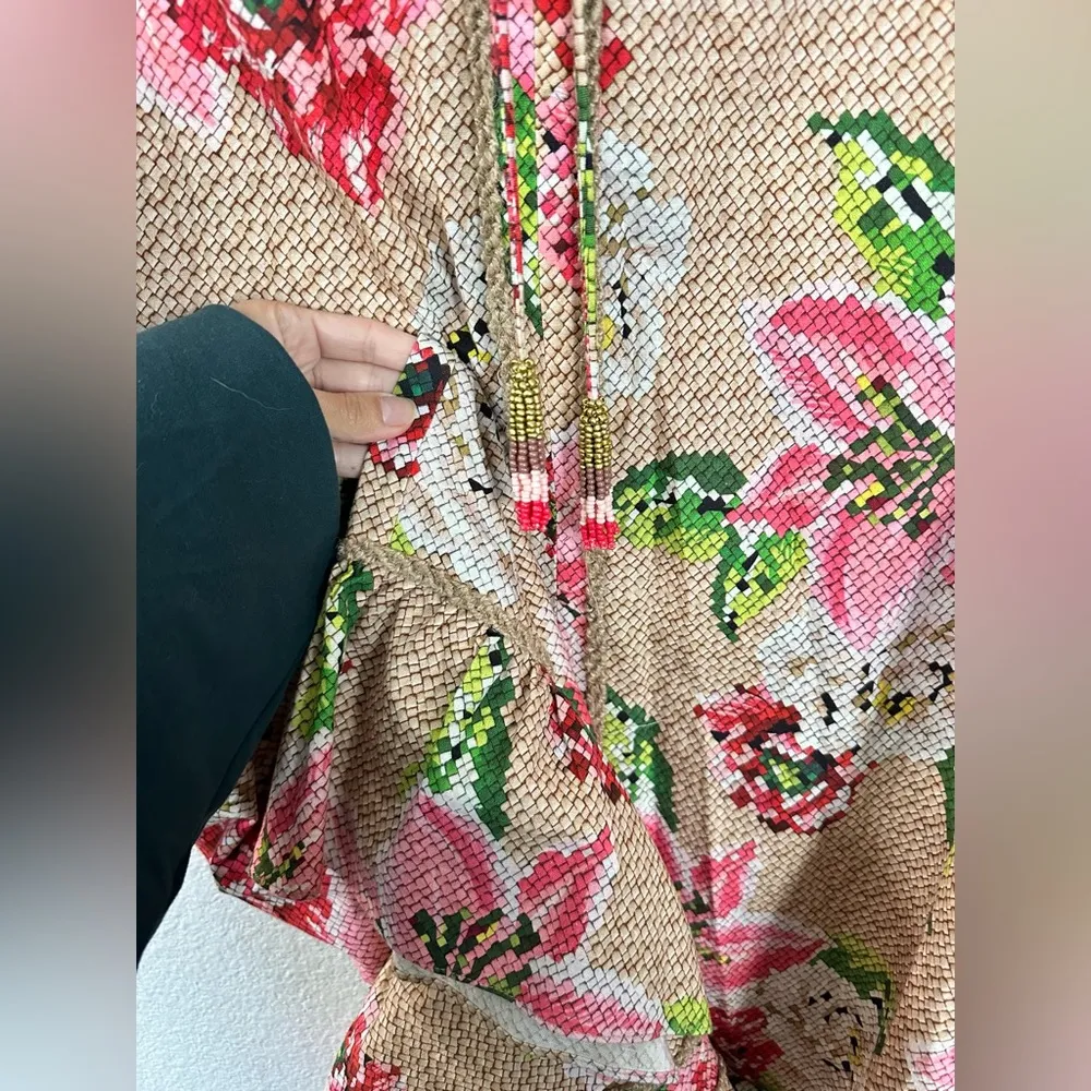 FARM RIO Floral ruffle beaded linen blend midi dress size L - Image 7