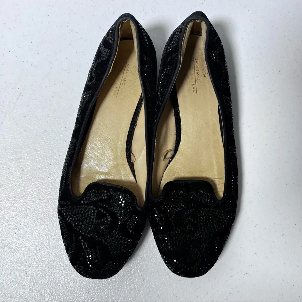 Zara Black Velvet Rhinestone Embellished Loafer Flats - Image 2