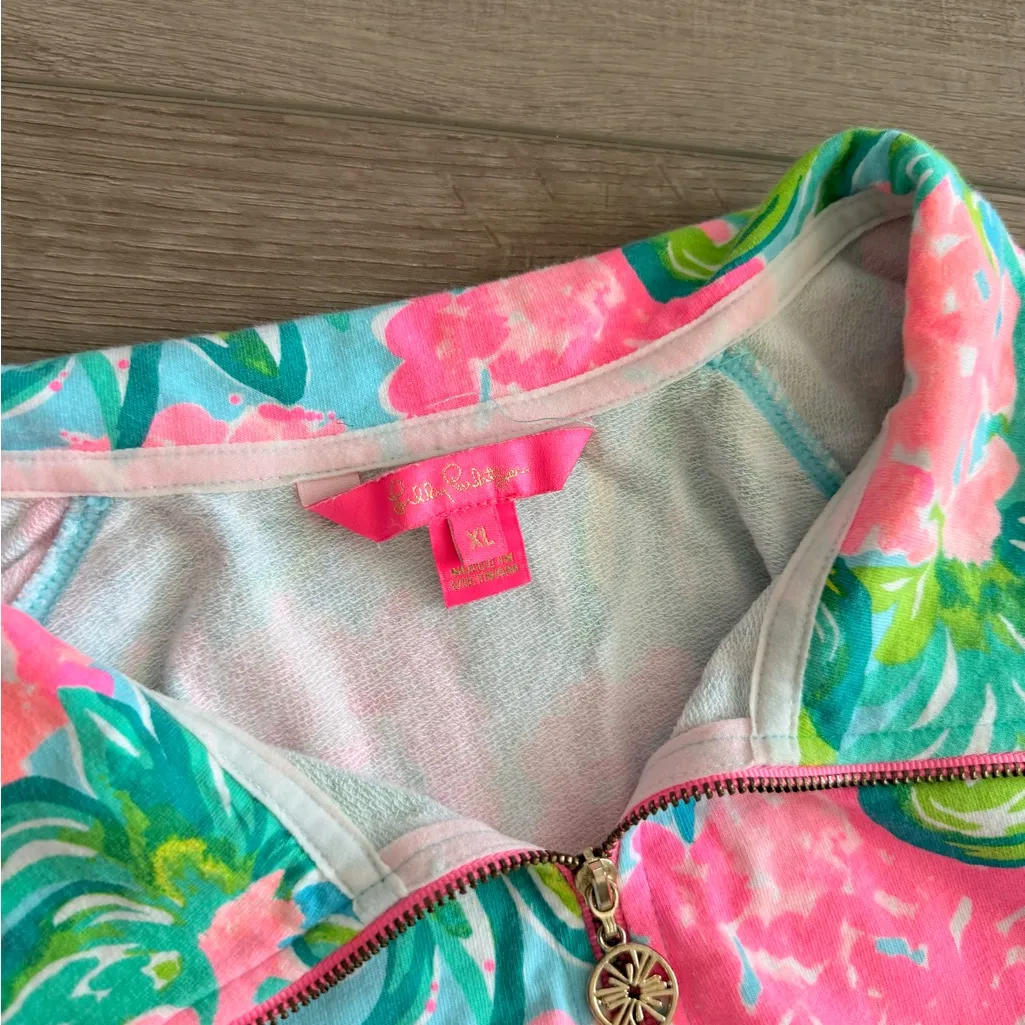 Lilly Pulitzer Pink and Green Floral Pullover 1/4 Zip XL - Image 2