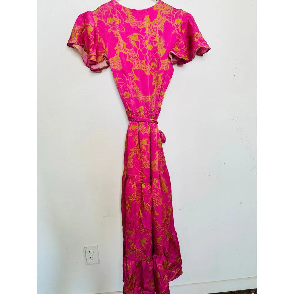 TANYA TAYLOR Women's Pink Orange Floral 100% Silk V-Neck Lisa Wrap Dress size 2 - Image 10