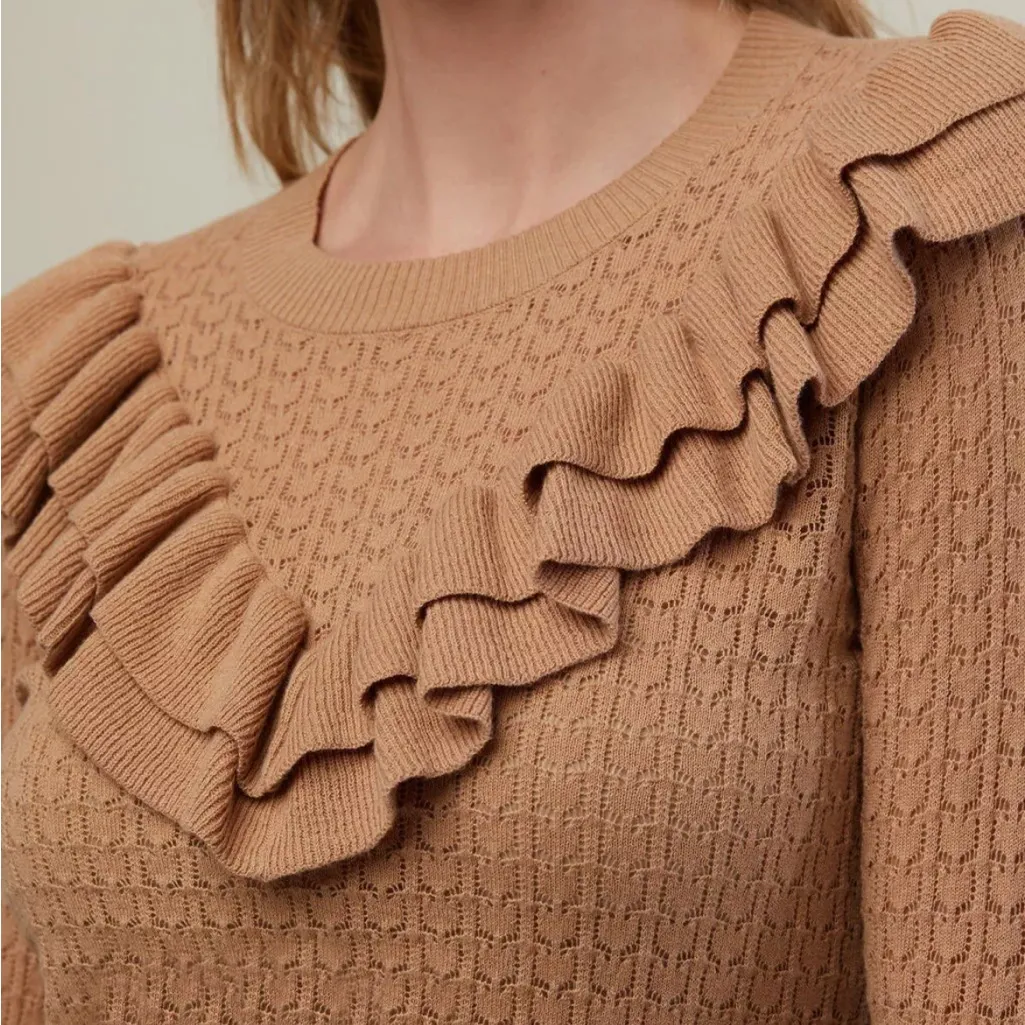 Rachel Parcell NWT  Pointelle Ruffle Sweater Beige Tan Size Small - Image 3