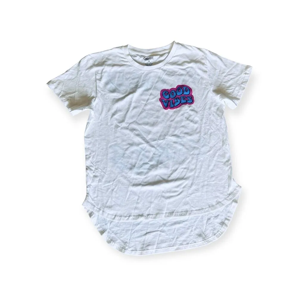 On Fire Good Vibes Bear Graphic T SHIRT Womens 1X TEE White Blue 100% Cotton Top - Image 4