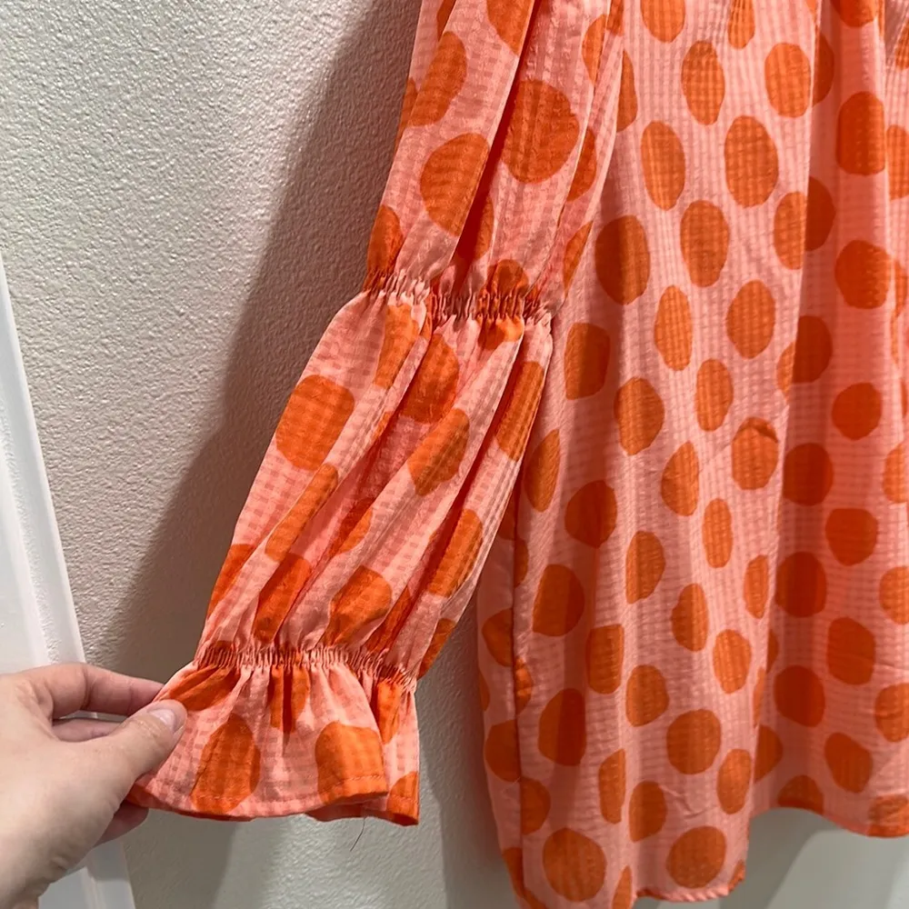 Who What Wear Orange Puff Sleeve Ruffled Polka Dot Blouse - Image 4