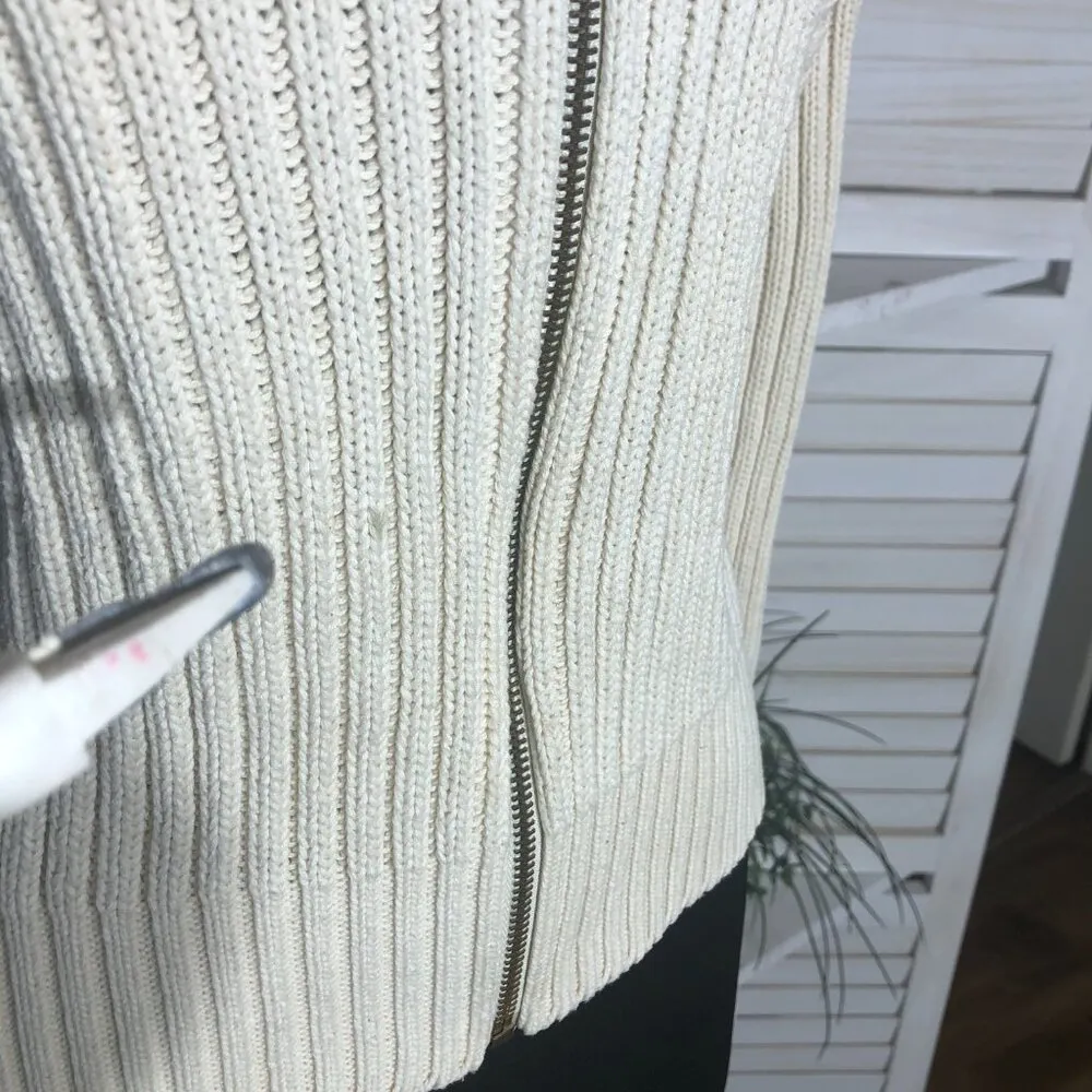 Vintage 90s cream cardigan cotton ribbed cable knit metal zipper collared Sz L White Size L - Image 9