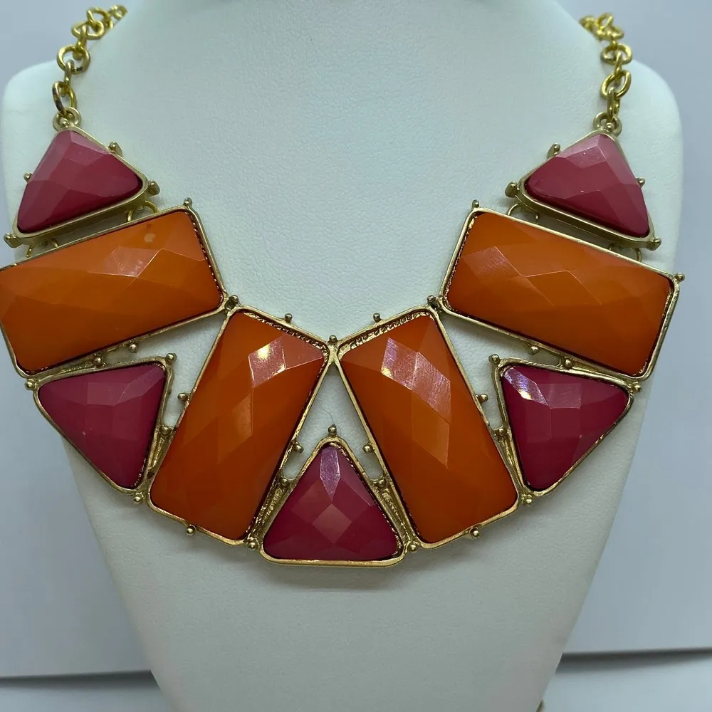 Gold-Tone Pink Orange Pendant Statement Necklace - Image 2