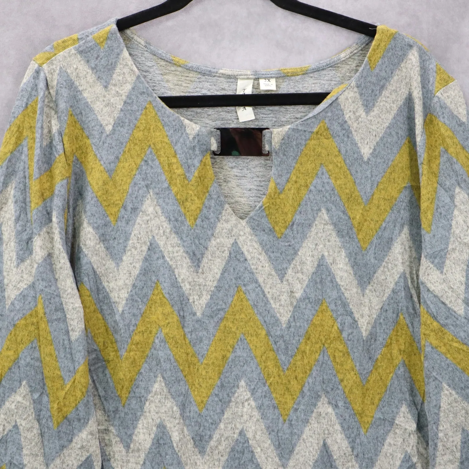Tacera Gray Yellow Chevron Formal Work Relaxed Flare Boho Midi Dress Plus 2X - Image 3