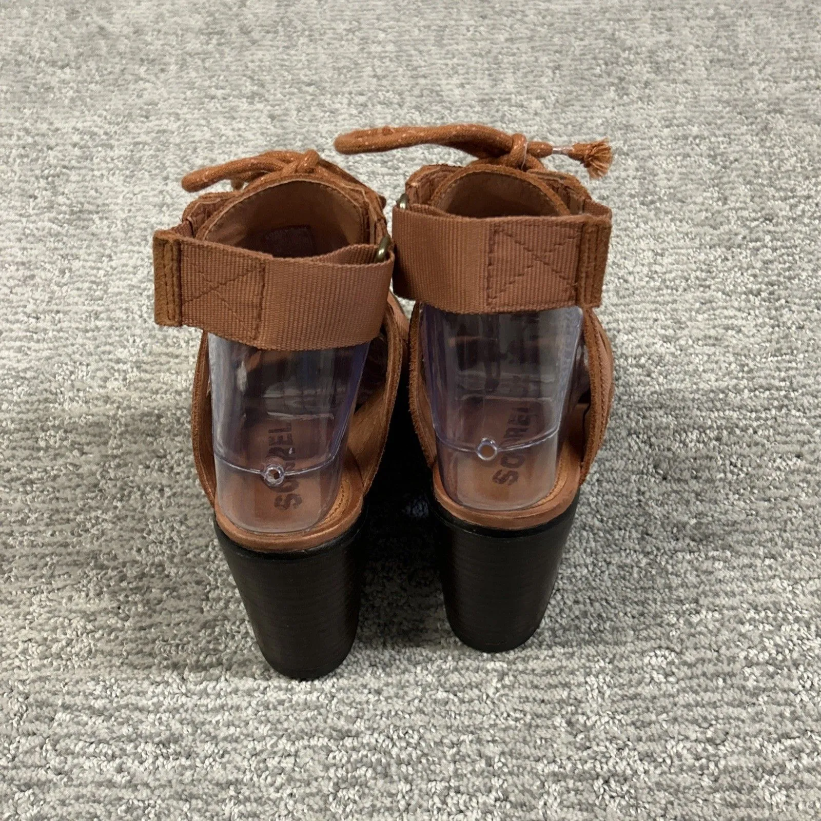 Sorel Sandals Women's 7.5 Nadia Teak Brown Orange Suede Lace Block Heel - Image 6