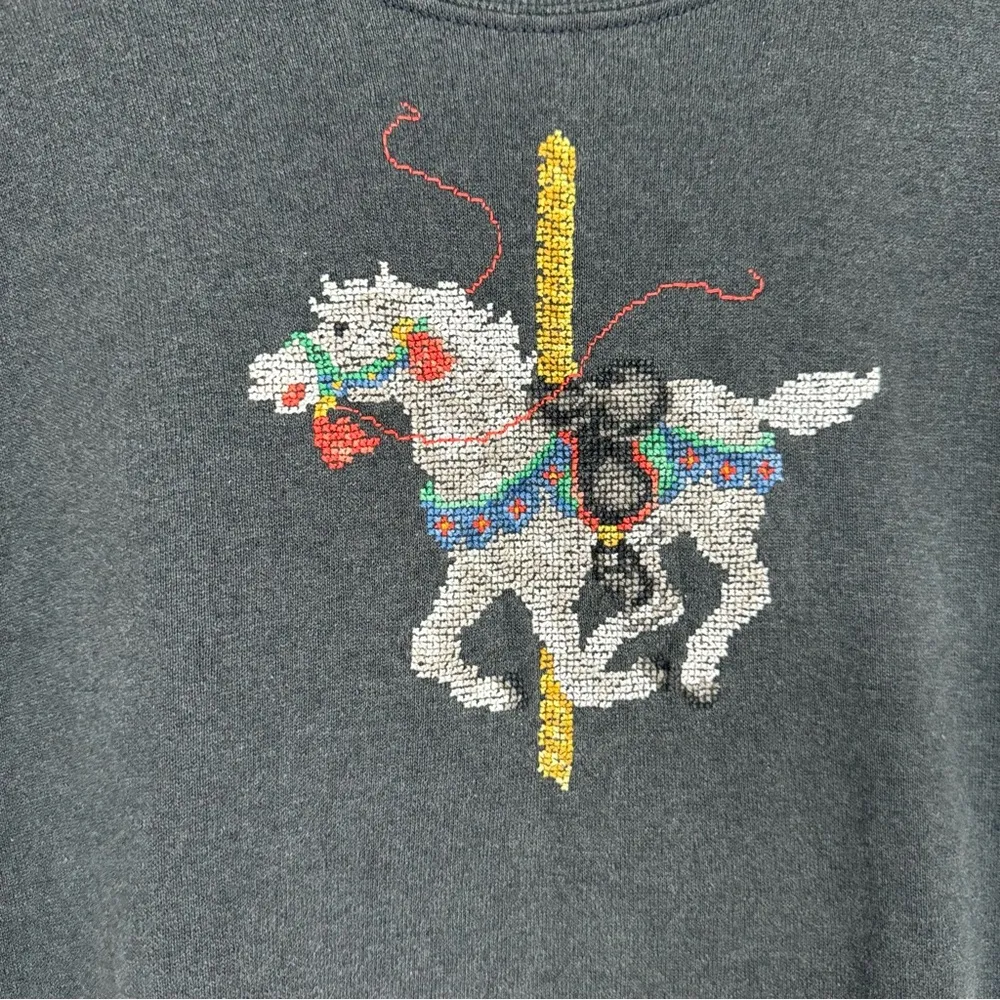 Vintage Grey Carousel Horse Embroidered Sweatshirt Womens L 90s Holiday Grandma Gray Size L - Image 7