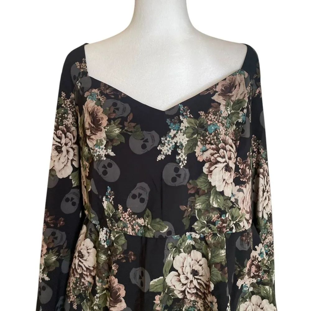 Torrid Flowers and Skull Print Blouse Peplum Crepe Sweetheart Neck Womens 2X - Image 5