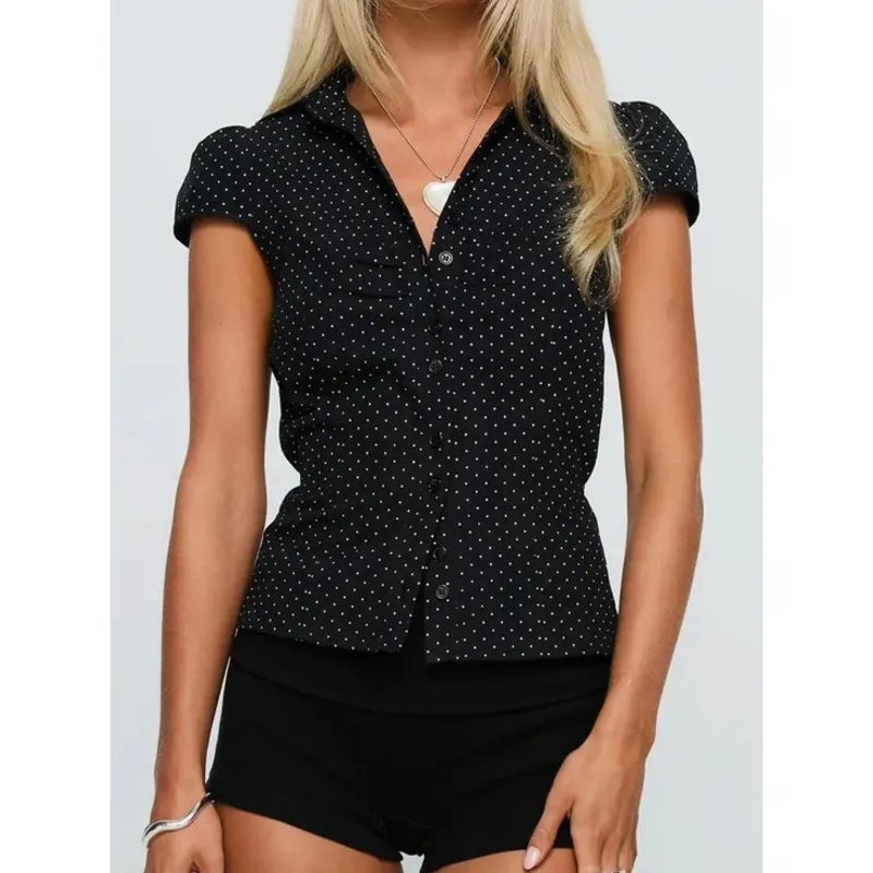 Princess Polly Button Up Short Sleeve Shirt Polka Dot Arianwyn Size 0 Black - Image 4
