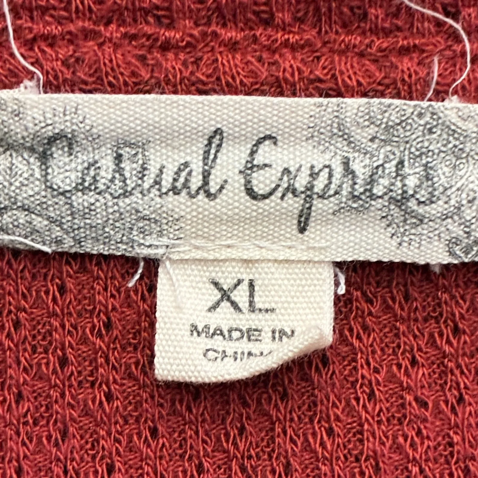 Casual Express Burgundy Waffle Knit Embroidered V Neck Long Sleeve Top XL Red - Image 6