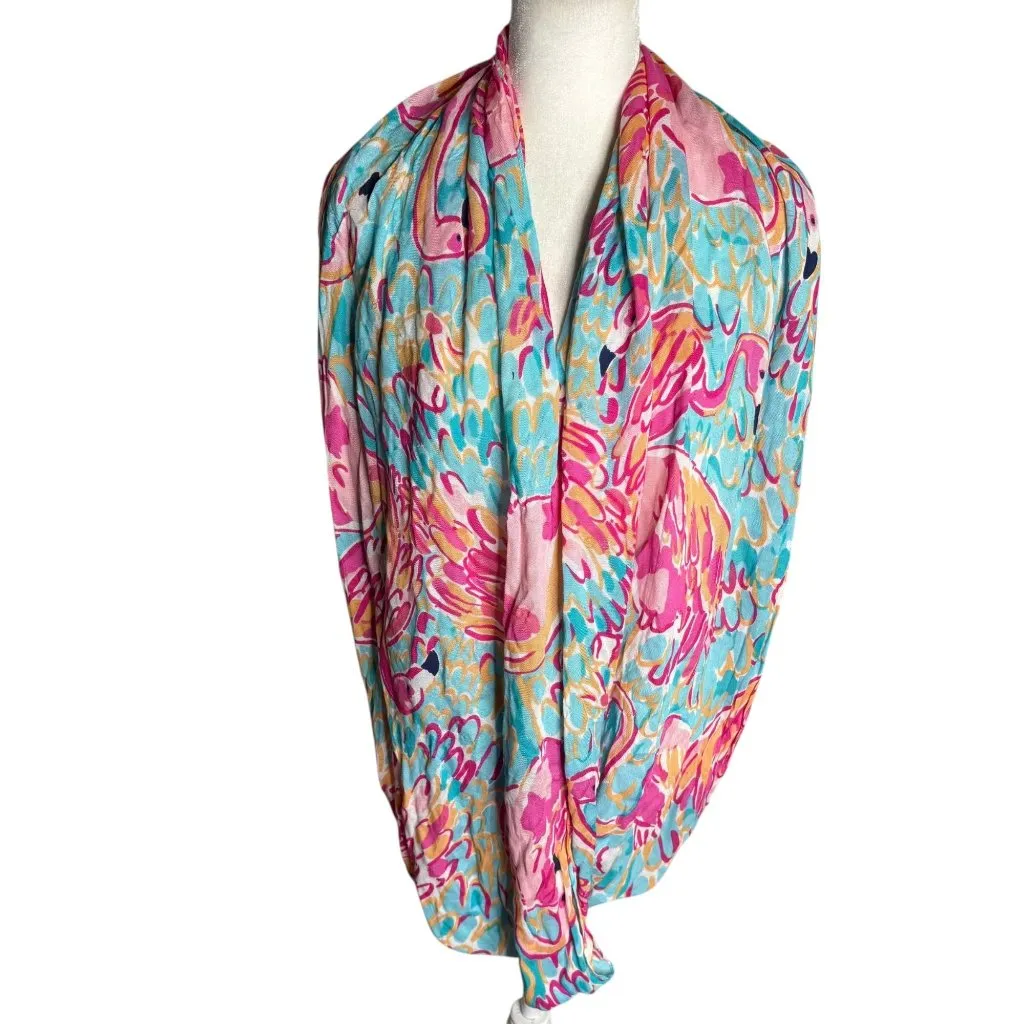 Lilly Pulitzer Flamingo Print Infinity Loop Scarf Rayon Pink Blue Lightweight - Image 2