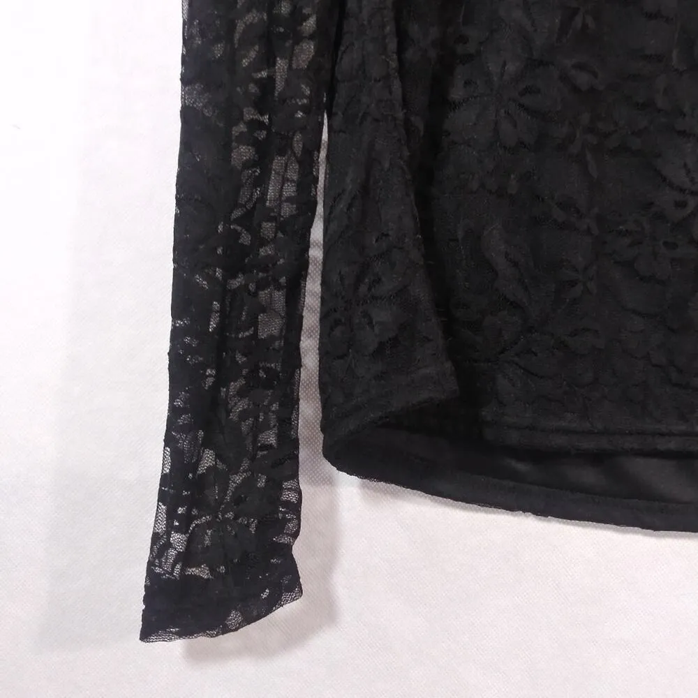 WH Dress Women's Floral Lace Blouse Overlay Beaded Neck Long Sleeve Top Size M Black Size M - Image 4