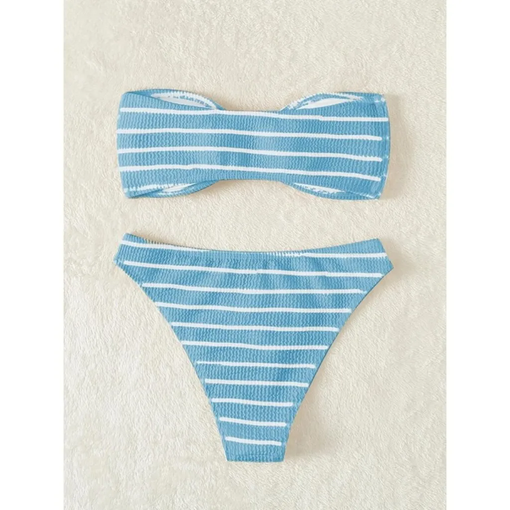 Blue Striped Strapless Bandeau Swimsuit High Waisted Textured Bikini MEDIUM - Image 2