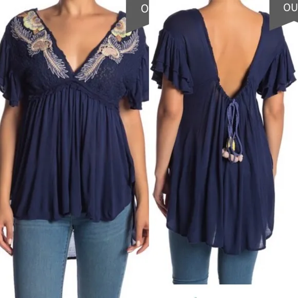 Free People Fiesta Nueva Tunic Top with plunge neck & back in Blue size Small 🆕 - Image 2