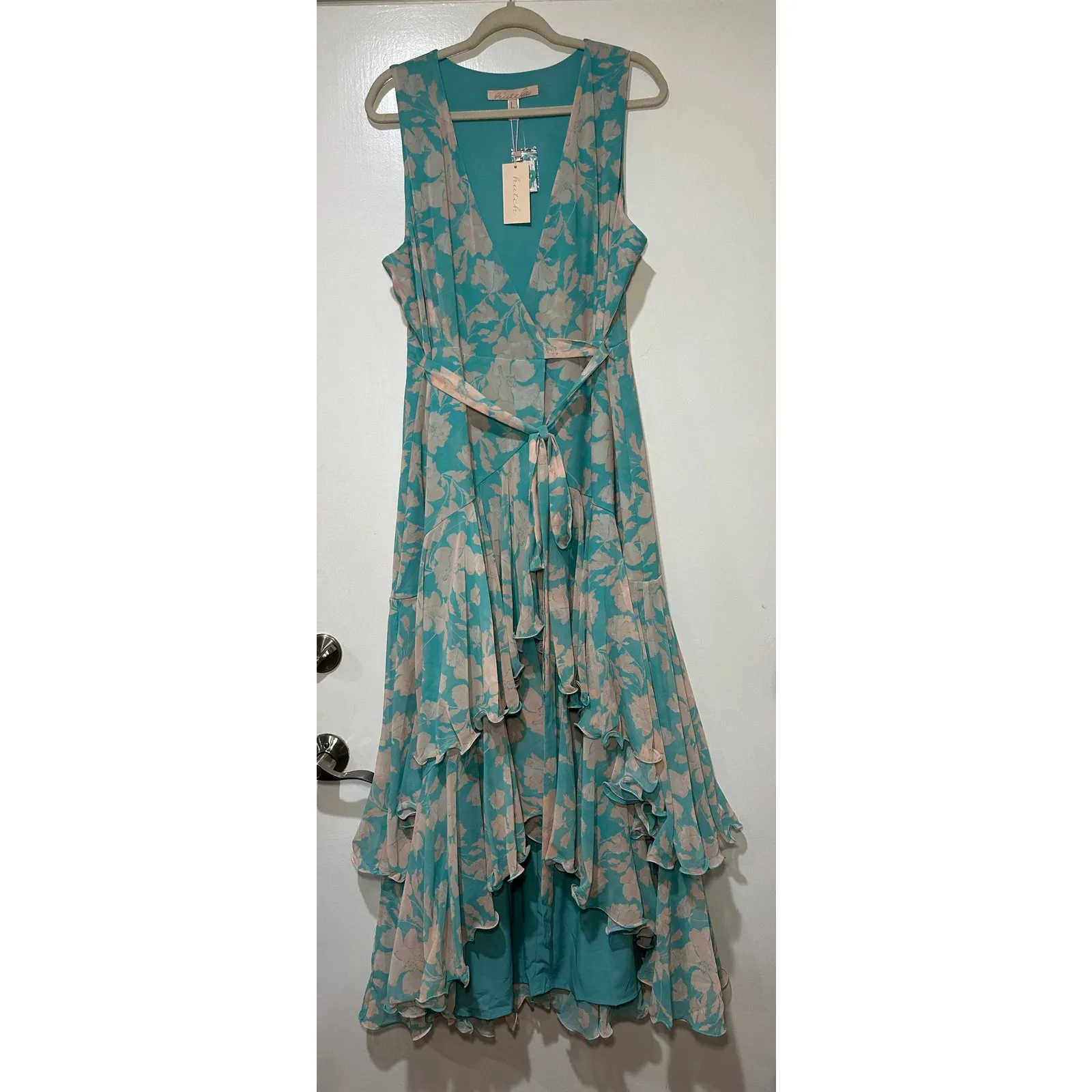 Hutch Trinity Ruffled Chiffon Wrap Maxi Dress Teal Floral Size Large NWT Wedding - Image 2