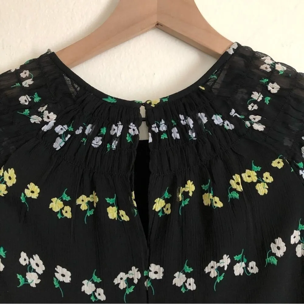 Ann Taylor Black Floral Short Bell Sleeves Lightweight Flowy Mini Swing Dress - Image 8