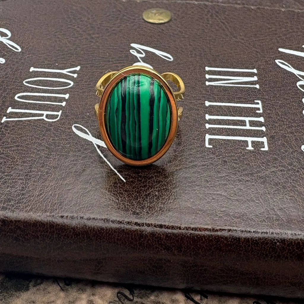 Malachite Gemstone Women’s Ring Adjustable Gold Stainless Handmade - Image 4