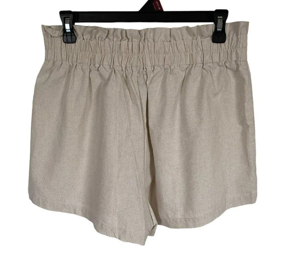 SHEIN paper bag linen blend oatmeal color pull-on elastic shorts women's size L - Image 3