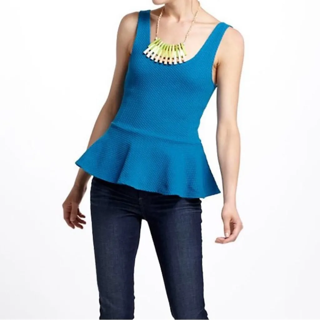 Ganni Blue Textured Preppy Coastal Resortwear Career Quiet Luxury Peplum Top L - Image 2