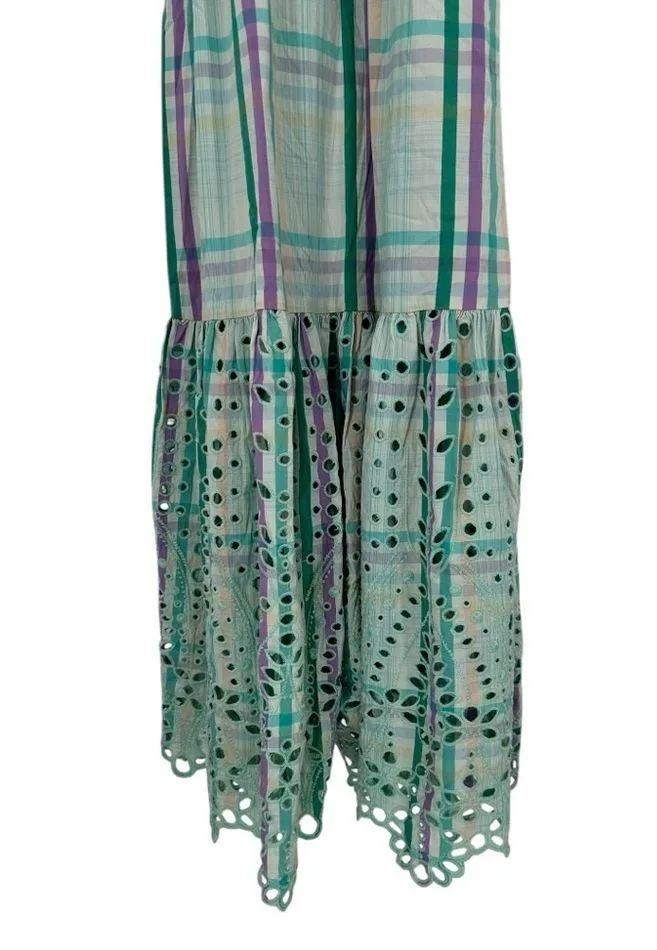 Tanya Taylor Mint Striped Fern Midi Dress size 6 Embroidered Eyelet Puff Sleeve - Image 9