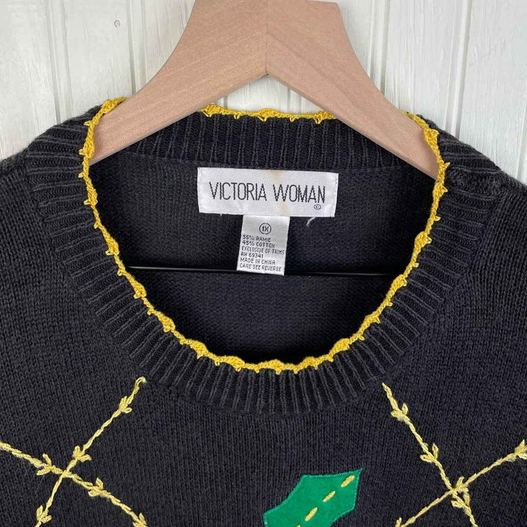 Vintage 90s Y2K Victoria Woman Christmas Holiday Sweater Size 1X Embellished Black - Image 3