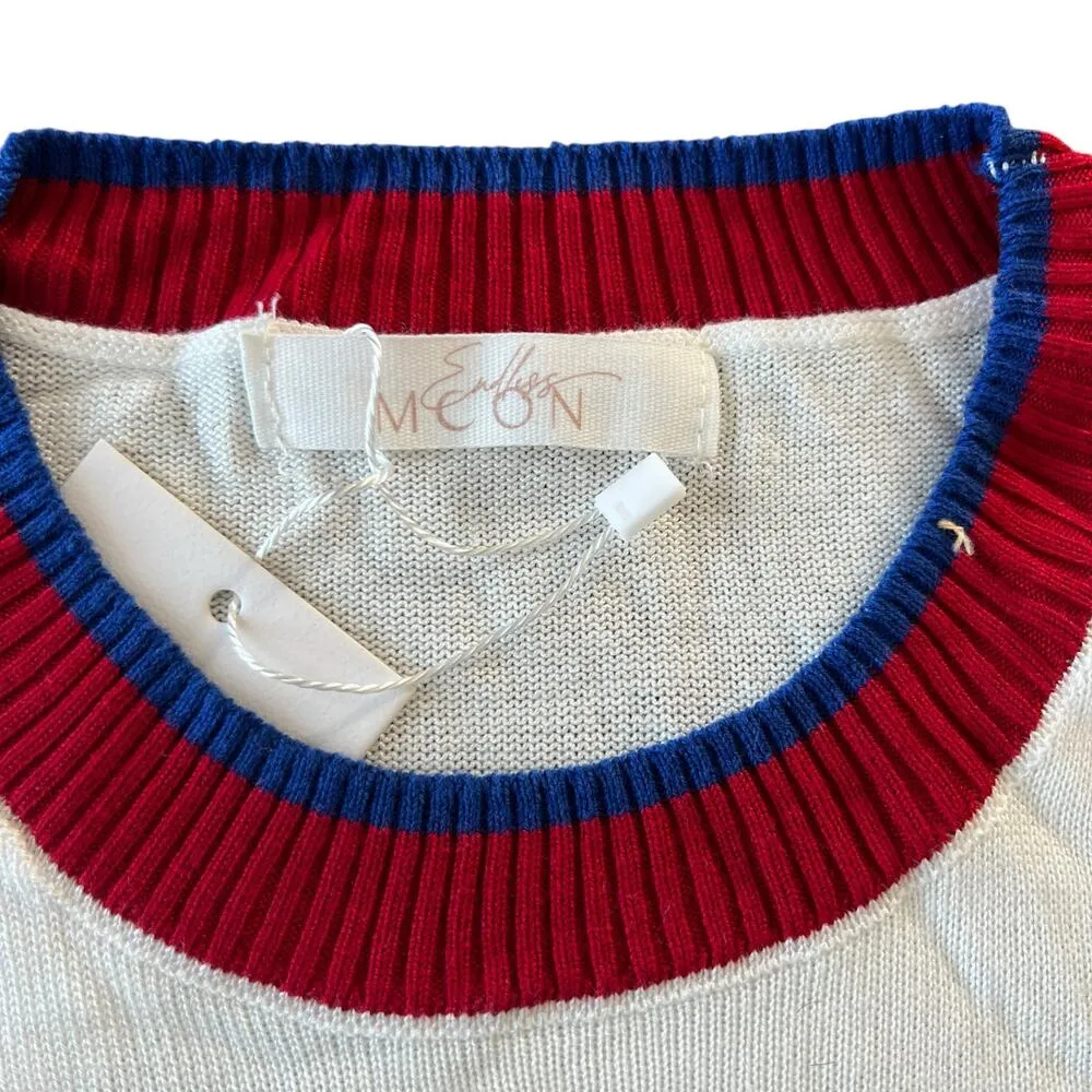 ENDLESS MOON Knit USA Flag Stretch Shirt Sz M Ruffle Sleeve July 4 Patriotic NEW White Size M - Image 4