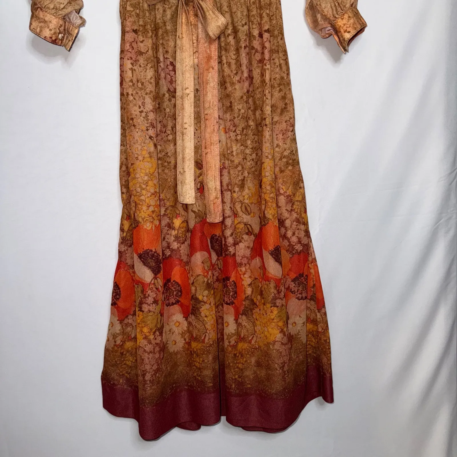 Vintage 1970s Leslie Fay Rustic Bronze Orange Bohemian Floral Midi Dress - Image 3