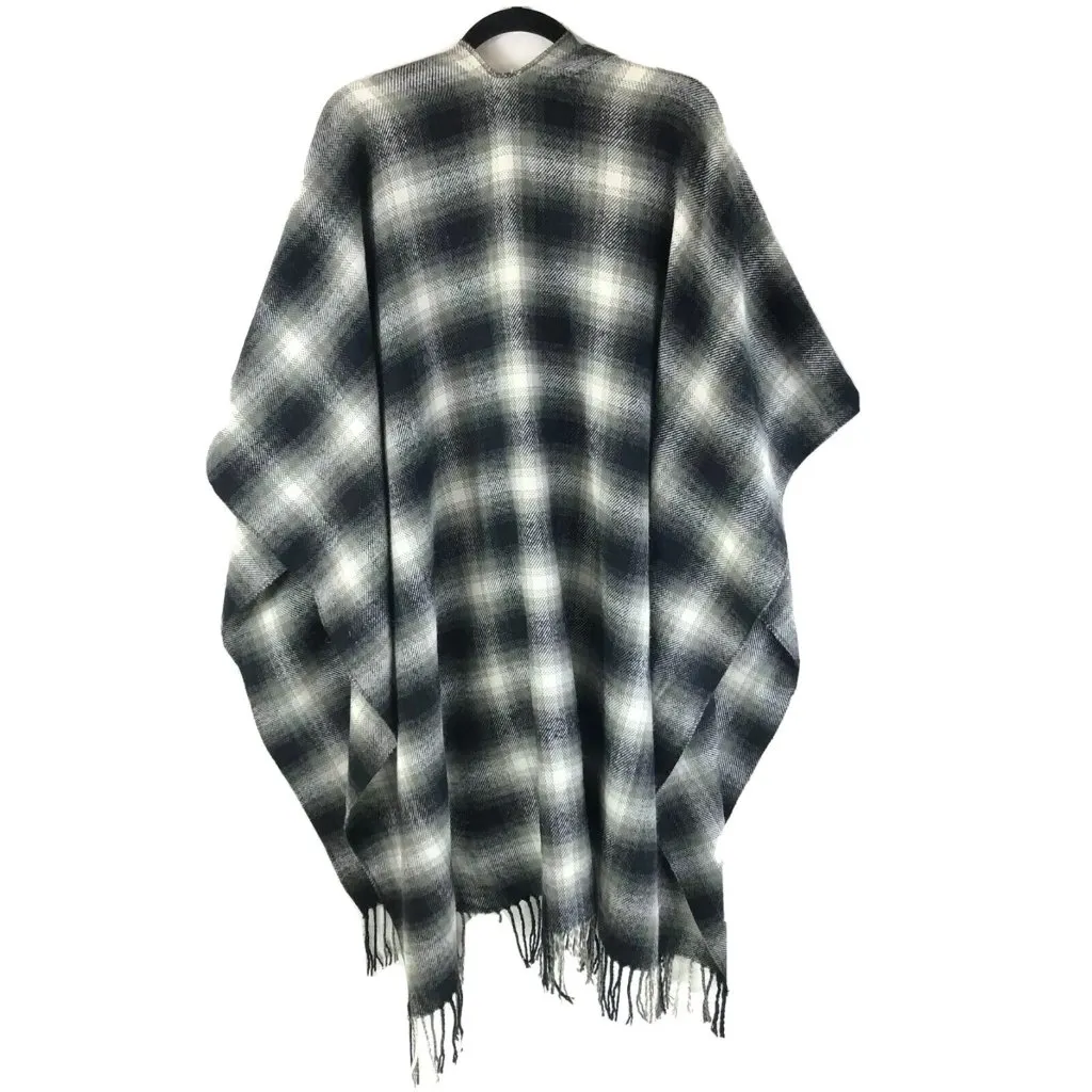 Ecote Urban Outfitters Womens Poncho Sweater Wrap Fringe Plaid Black White - Image 2