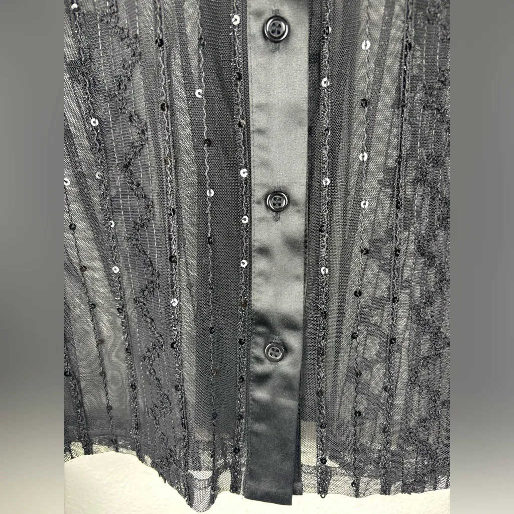 Tribal Size 14 Women's Black Sheer Mesh Sequin Button Up Collared Blouse Size M - Image 8