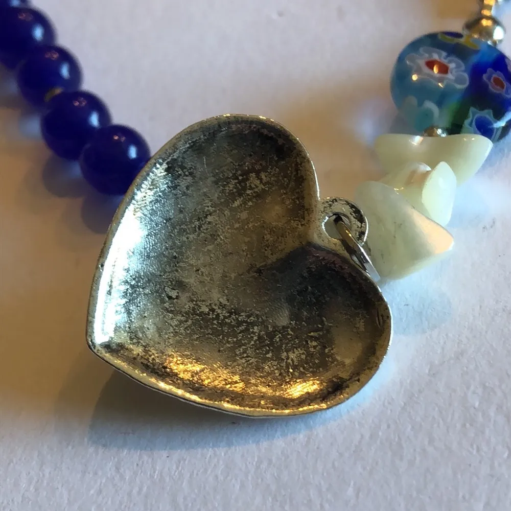 Blue & White Beaded Boho Breast Cancer Ribbon & Heart Charm Bracelet - Image 5