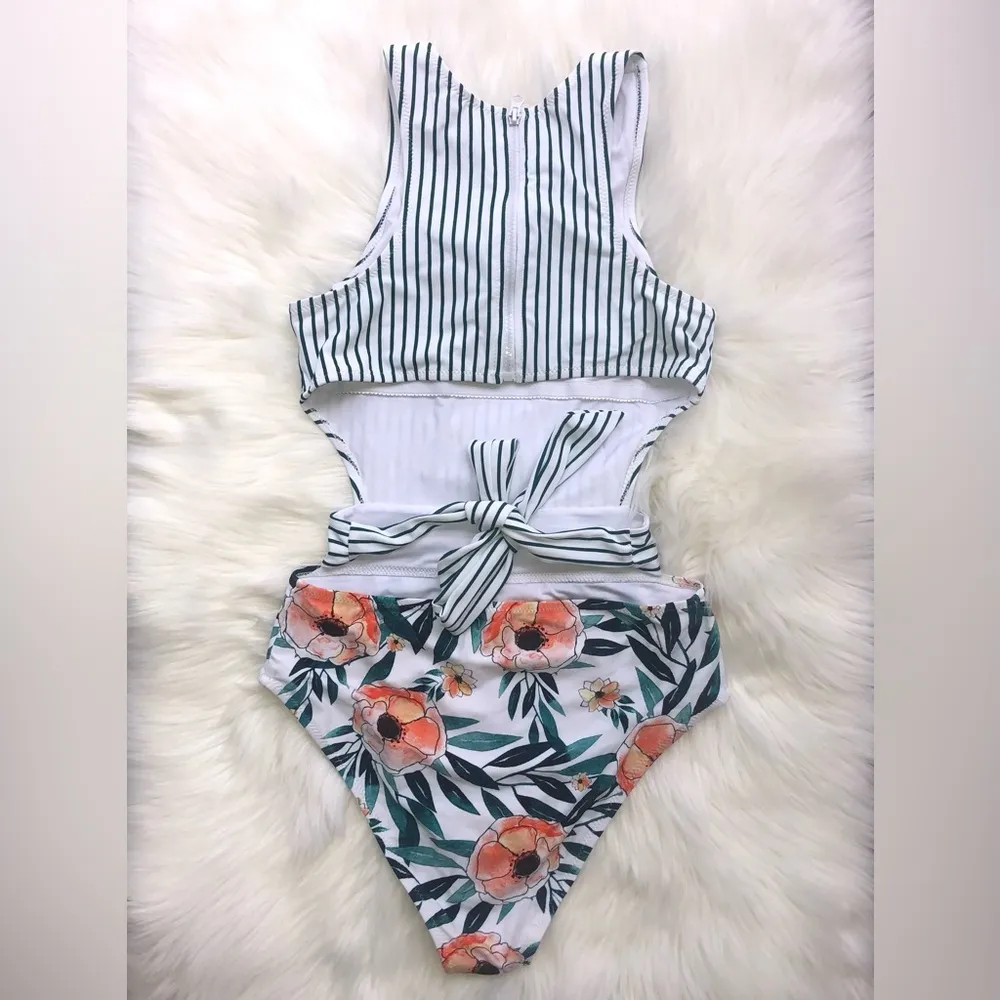 One-Piece Floral Orange Green Bathing Suit Size Medium - Image 2