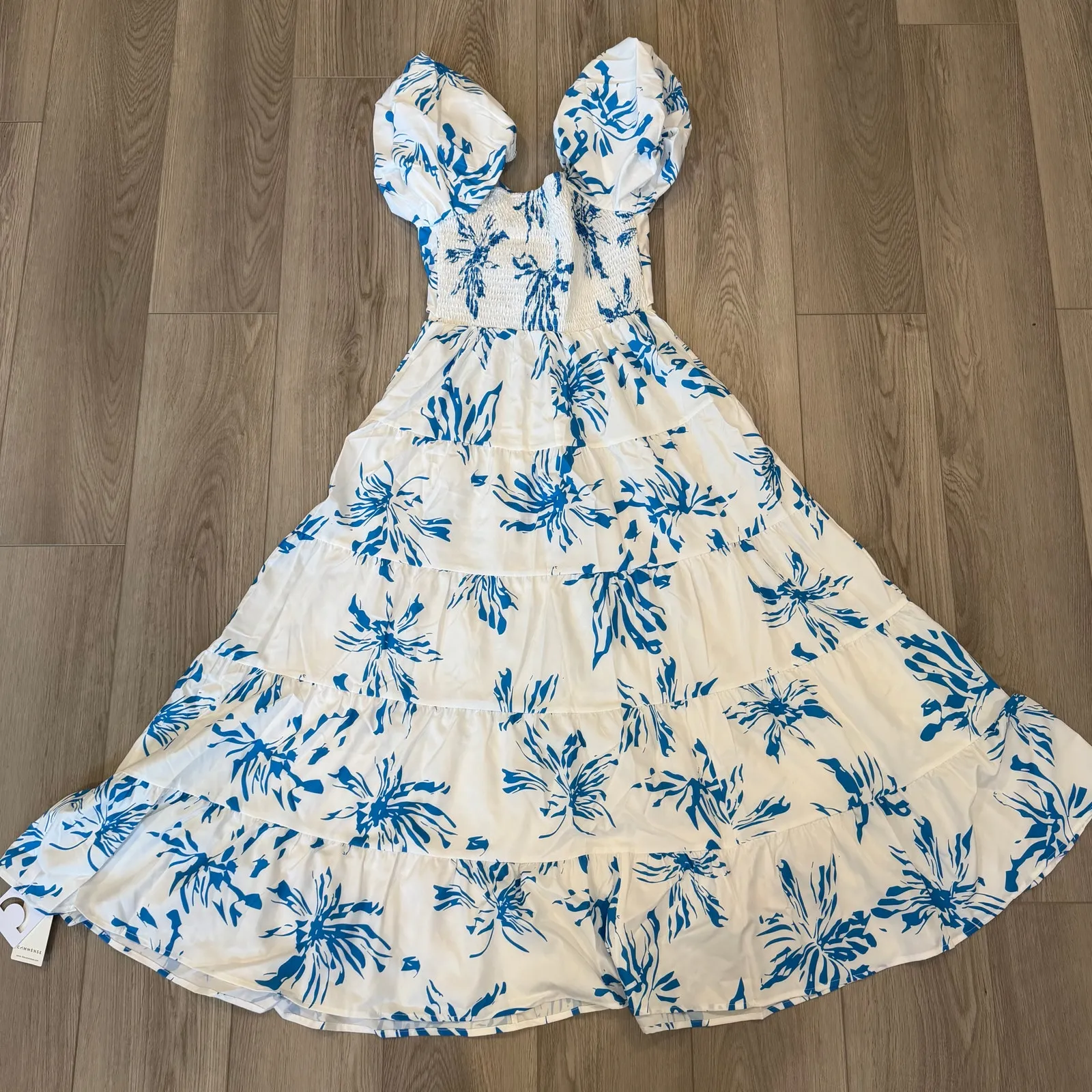 Commense Girly Cottage Fairy Puff Sleeve Twist Detail Midi Dress Blue M Size M - Image 4