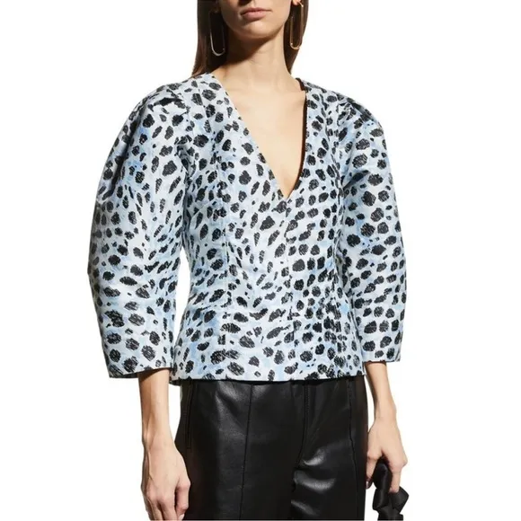 GANNI NWT Jacquard V-Neck Puff‎ Sleeve Blouse in Leopard Print Size 34 XS - Image 3