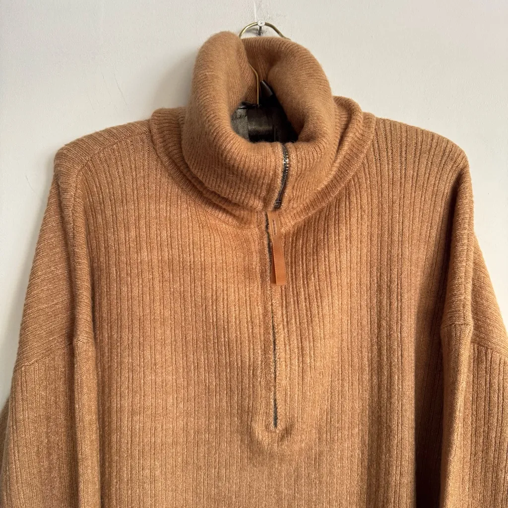 ASOS EDITION Rib Knit Half Zip Oversized Turtleneck Collar Sweater Camel Size S Tan - Image 3