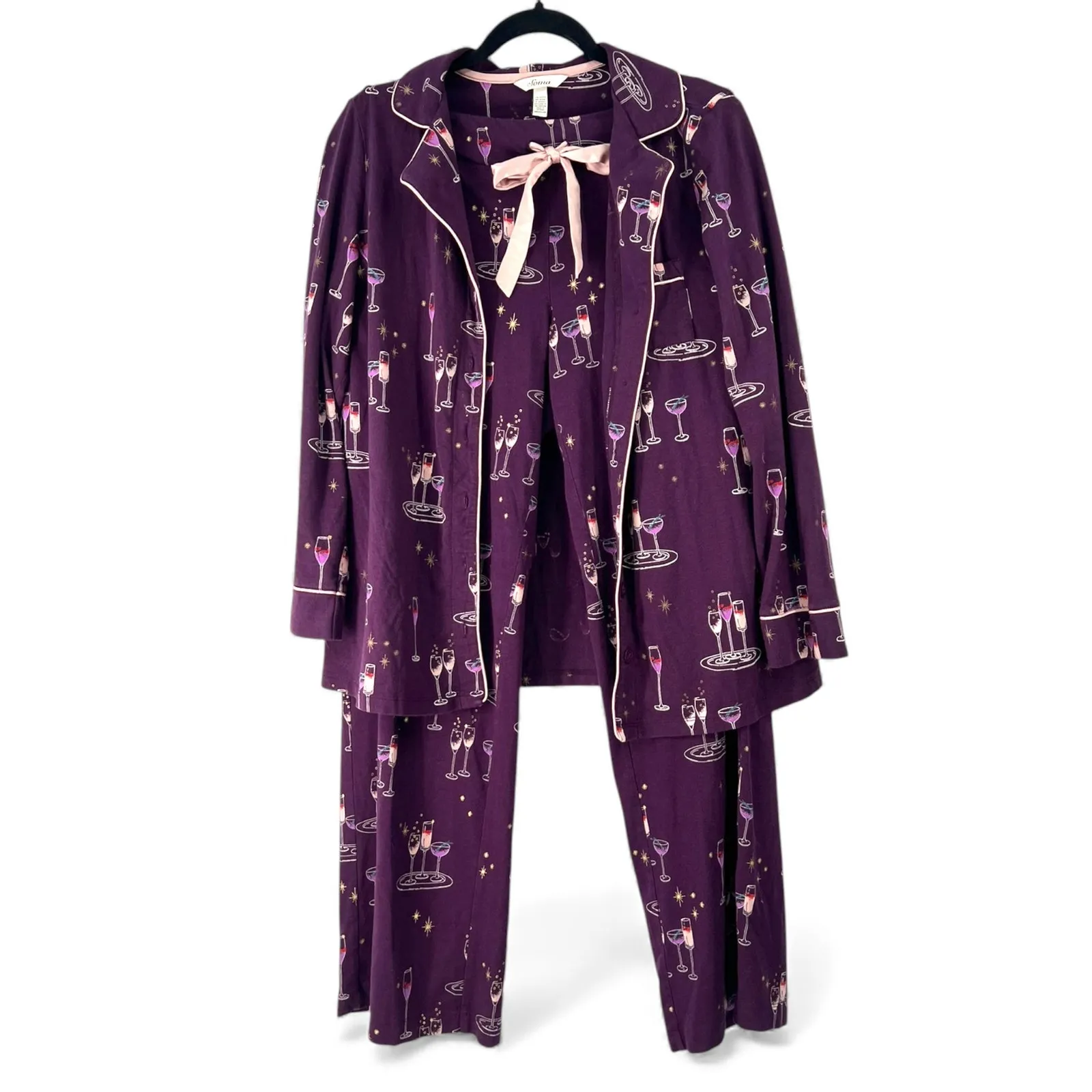 Soma M Cool Nights Top & Bottom Pajama Set champagne glass print wine Pants - Image 2