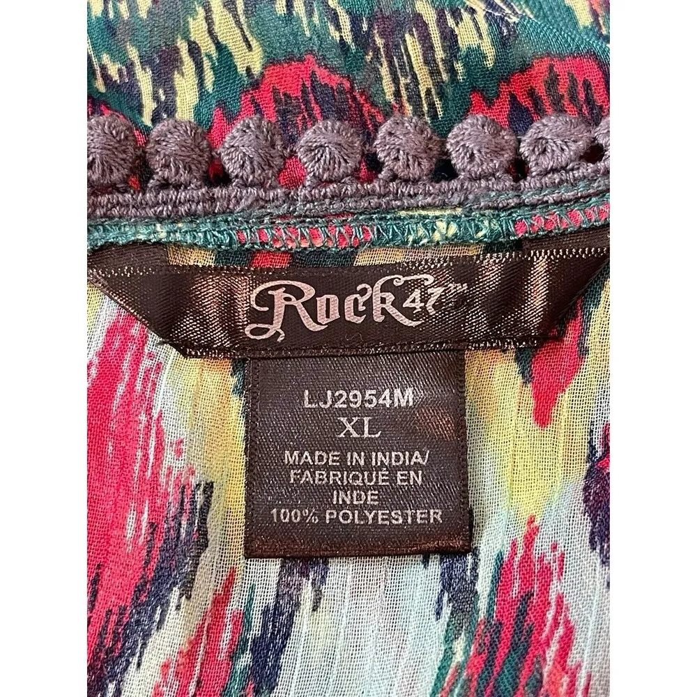 Rock 47 Bright Multi Color Ikat Poncho Tie Waist Sheer Top XL Crochet Hem Detail Blue - Image 8