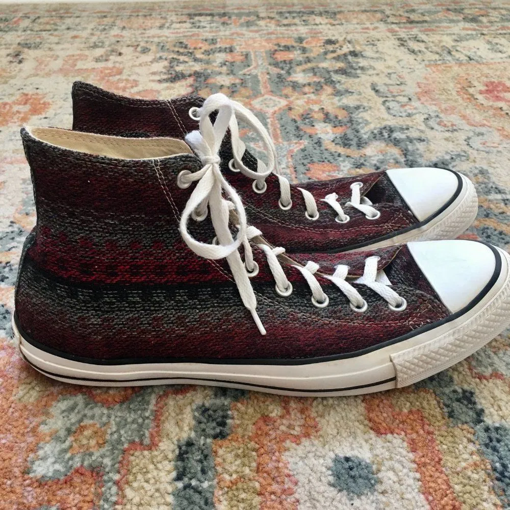 CONVERSE Red Black Gray SW Blanket Weave High Hi Top Shoes Men's 12 Women's 14 T - Image 4