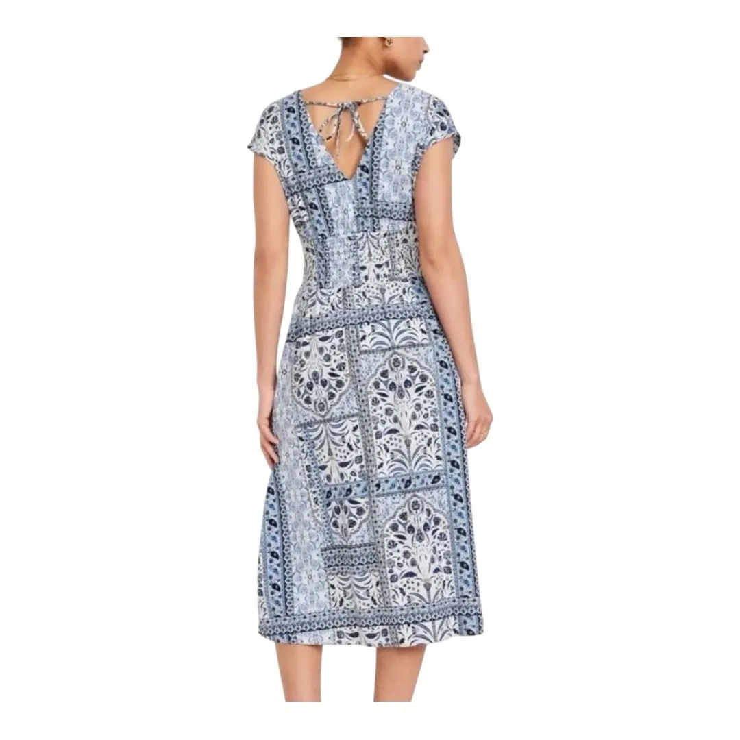 Old Navy Blue White Paisley V Neck Midi Dress‎ Smocked Waist Pockets Size Small - Image 2