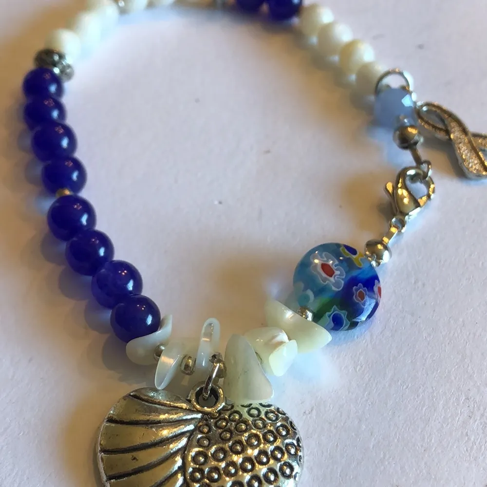 Blue & White Beaded Boho Breast Cancer Ribbon & Heart Charm Bracelet - Image 4