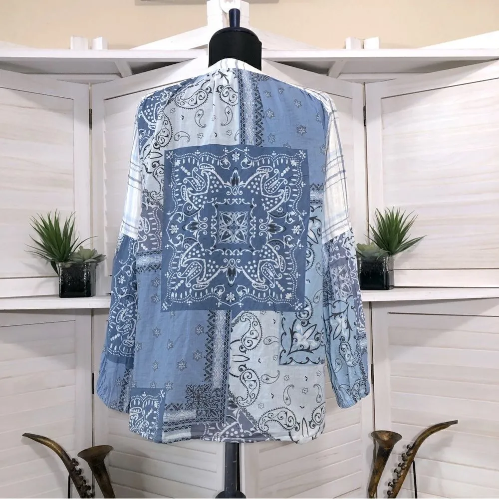 Johnny Was White Blue Paisley boho Gauze oversized Blouse ballooned sleeves XXS - Image 3