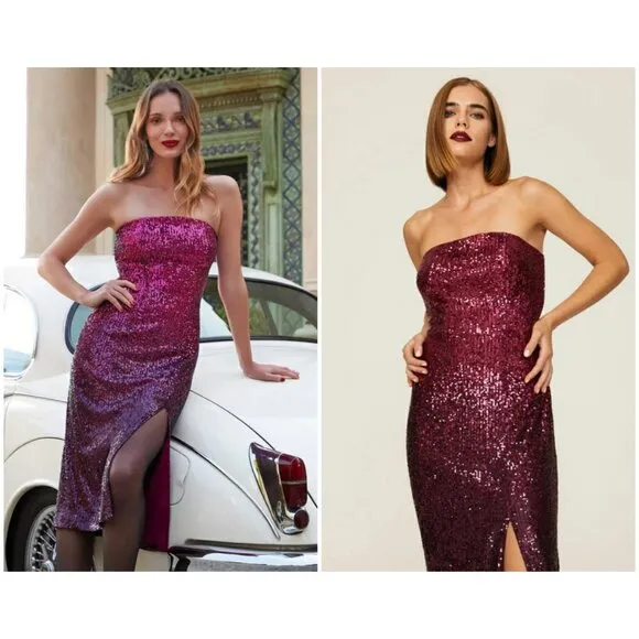 💕TRINA TURK💕 Stella Strapless Sheath Dress Festive Fuchsia Plum Sequin 10 NWT - Image 2