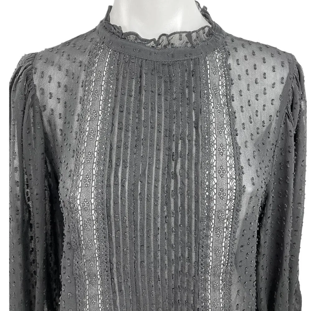 Zara Maureen Black Swiss Dot Ruffled High Neck Long Sleeves Sheer Blouse Top S - Image 3