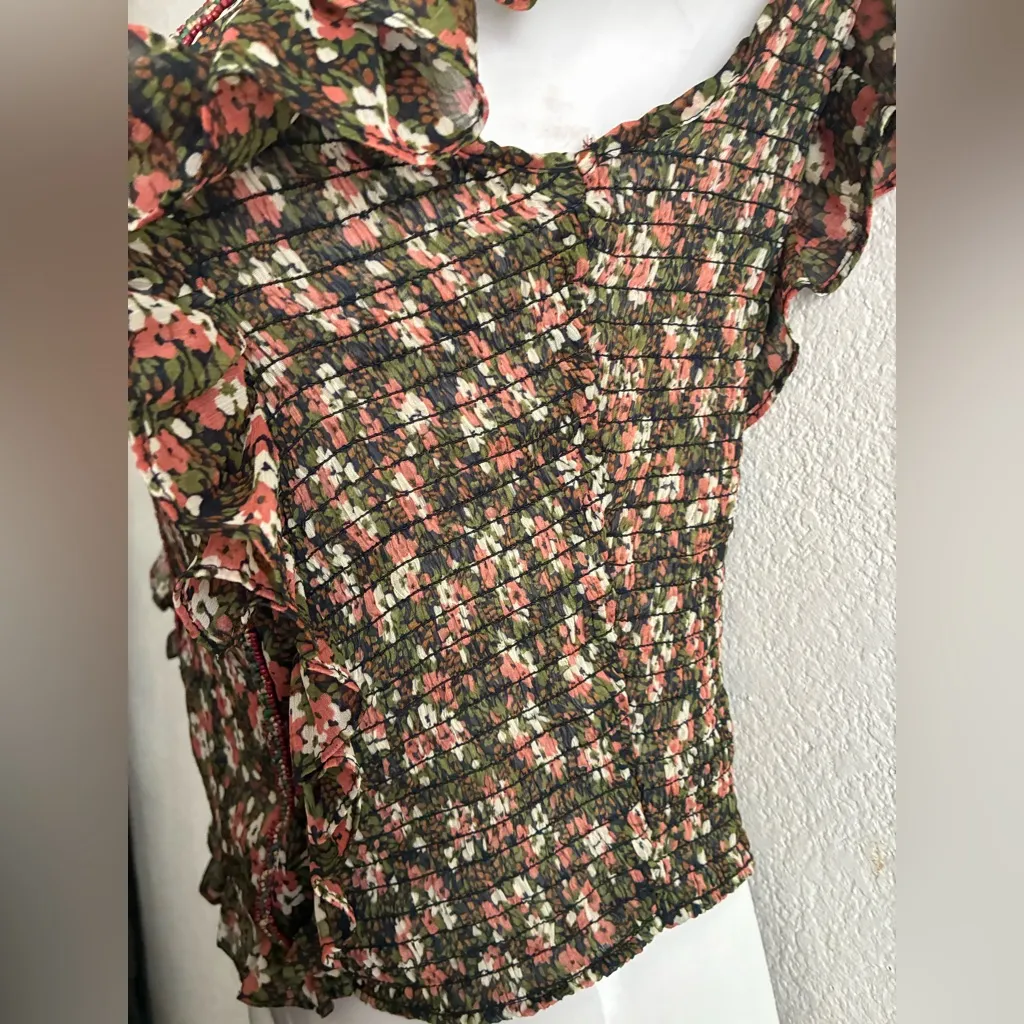 Zara Sheer Beaded Floral Ruffled Top Blouse M - Image 11